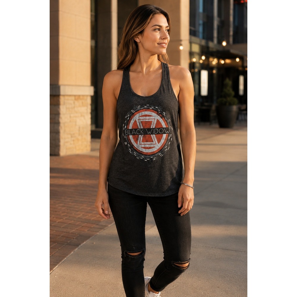 Marvel Black Widow Tank Top Womens Size Large Black Racerback Graphic NWT